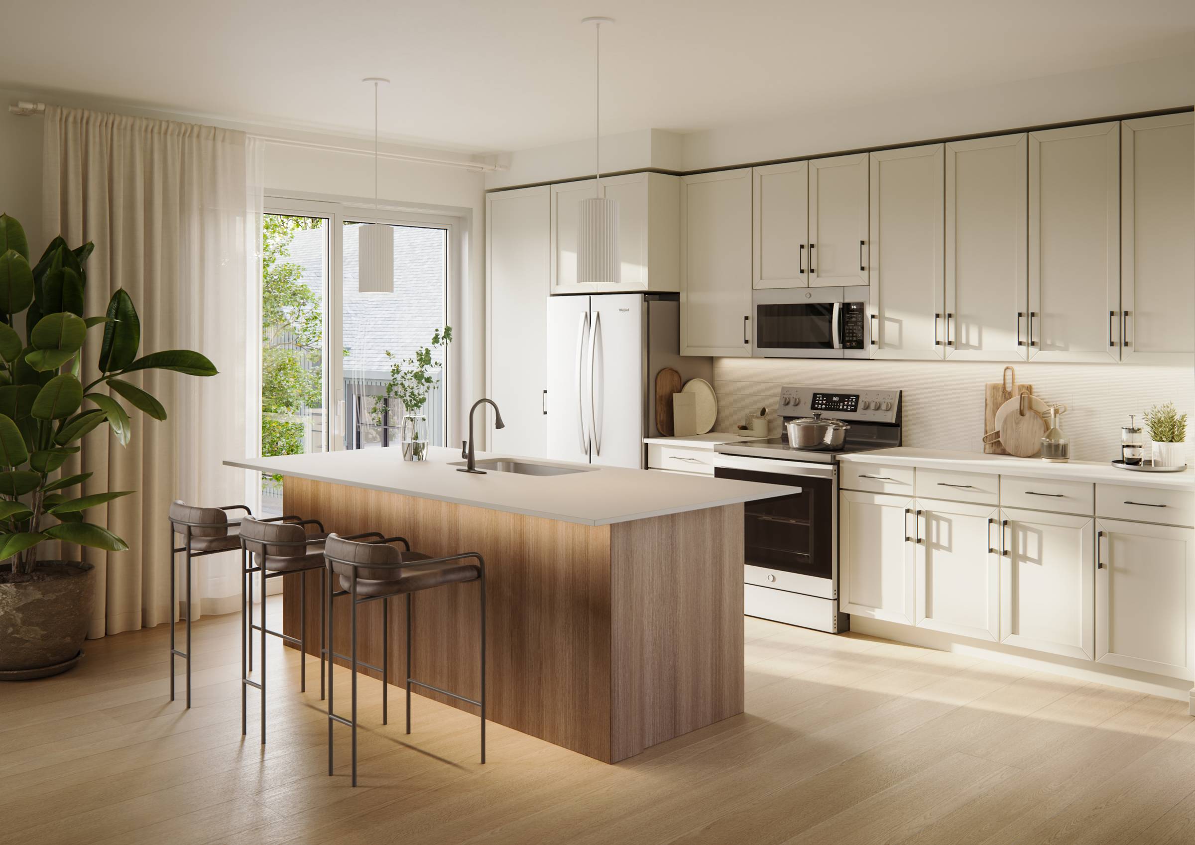 Royce Townhomes Modern kitchen with white cabinets, a wood island, three bar stools, and large window with natural light.