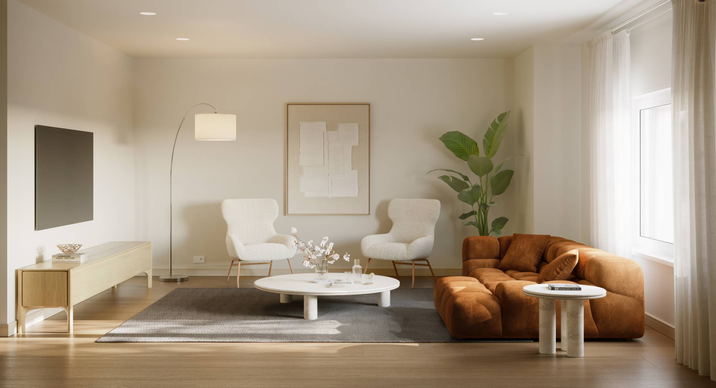 Royce Townhomes Modern living room with a rust sofa, two white chairs, round coffee table, and a large plant by the window.